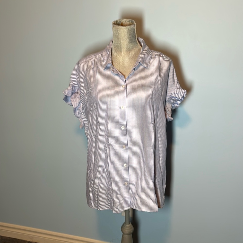Blue/White striped short sleeve Lola River blouse.  Size Large.